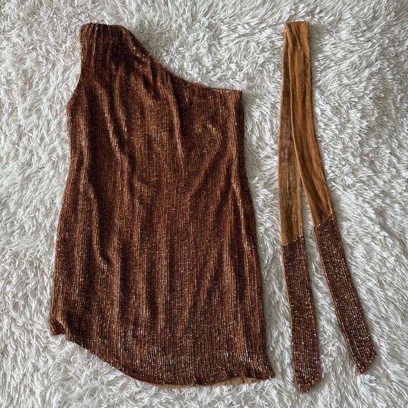 NWT Retrofete Ella One Shoulder Bronze Sequins Beaded Mini Party Dress Size M - Picture 6 of 9